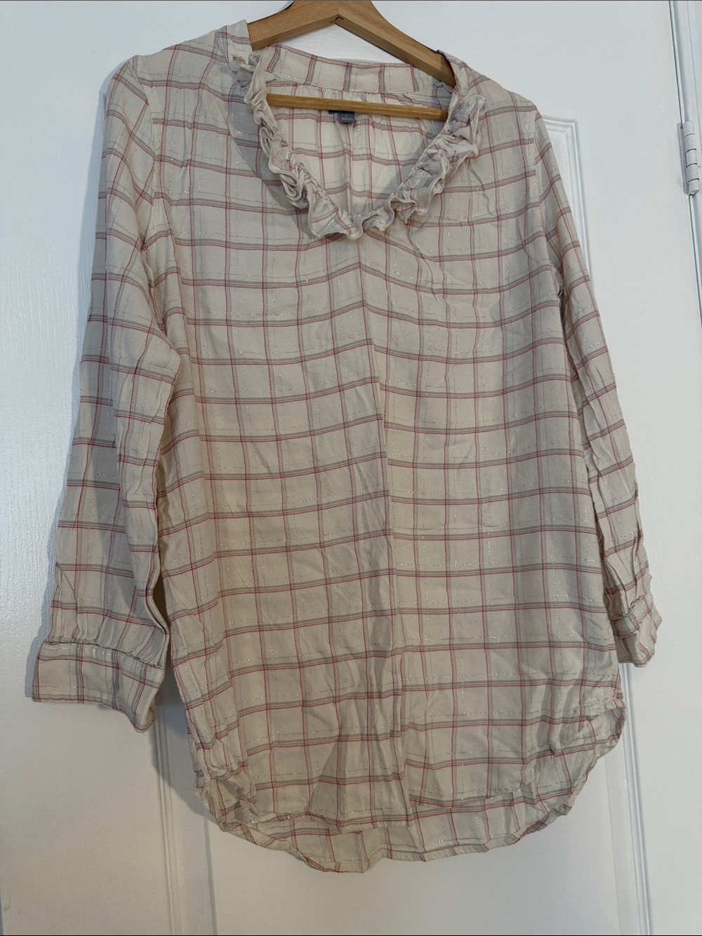 aerie Cream Blush Plaid Ruffle-Neck Blouse size M